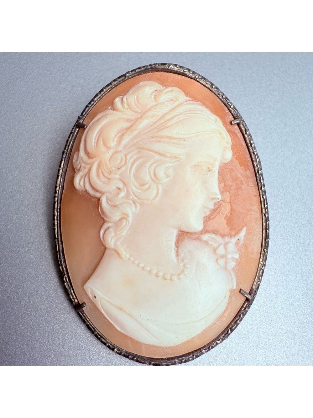 Antique BIG Shell Cameo 800 Silver Prong Border Brooch Victorian Era